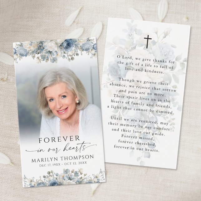 Sympathy Blue Floral Photo Cross Prayer Card (Subido por el creador)