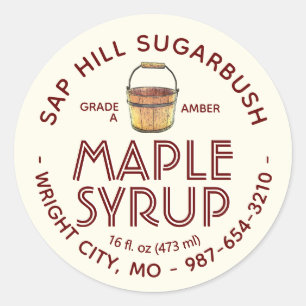 Syrup Maple Sap Bucket texto rojo en etiqueta de m