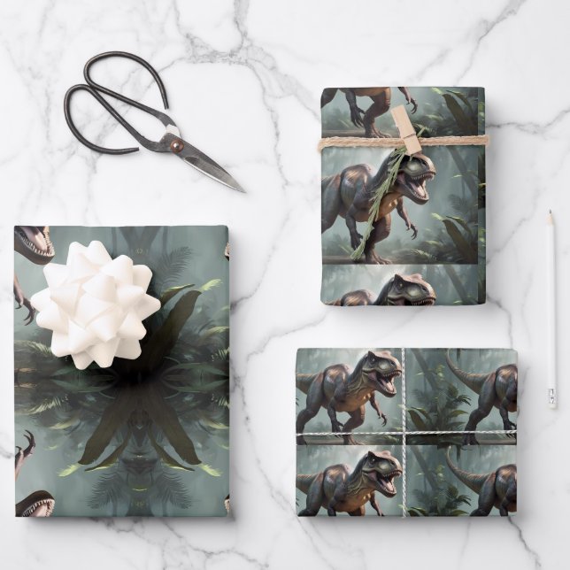 T-Rex Dinosaur Wraping Paper Plano de hoja de 3 (Anverso)