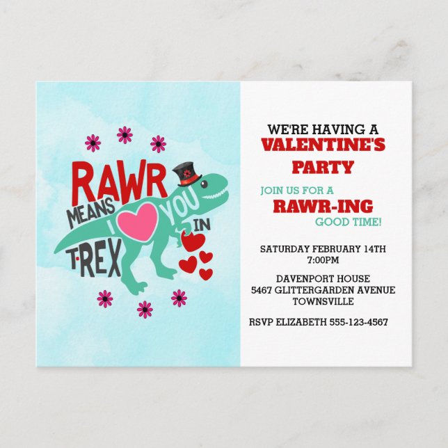 T-Rex en una divertida invitación de San Valentín  (Anverso)
