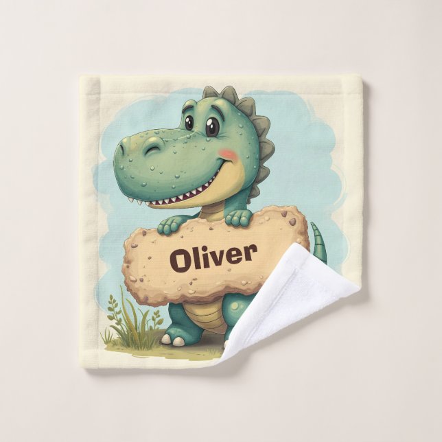 T-Rex juguetón con letrero de nombre de piedra (Toallita)