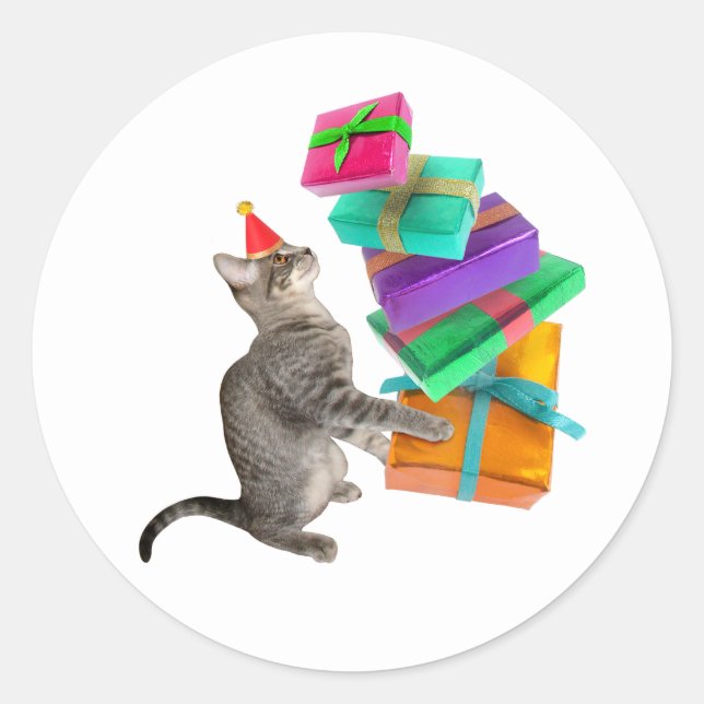 Tabby Cat Birthday Present Pile Round Pegatina (Anverso)