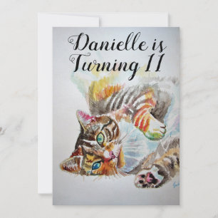 Tabby Cat Watercolor Chicas Invitación al cumpleañ