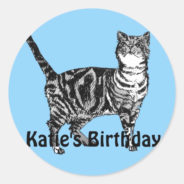 Tabby Cat Whimsical Blue Chicas Pegatina de cumple (Anverso)