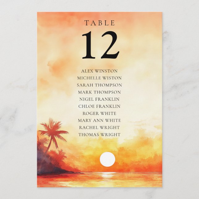 Tabla de asientos con número de mesa de atardecer  (Anverso)