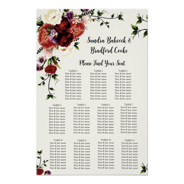 Tabla de asientos de Boda floral de otoño moderna (Anverso)