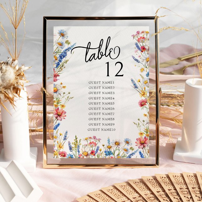 Tabla de asientos de la mesa del Boda de flores si (Table number with guest seating list from Country Wildflower Wedding Collection by Darling & May)