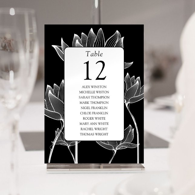 Tabla De Asientos De La Mesa Floral Negra Y Blanca (Black And White Floral Table Number Seating Chart)