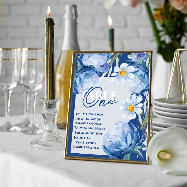 Tabla de asientos de la tabla de Bodas florales de (Blue Flowers Floral Wedding Table Seating Chart)