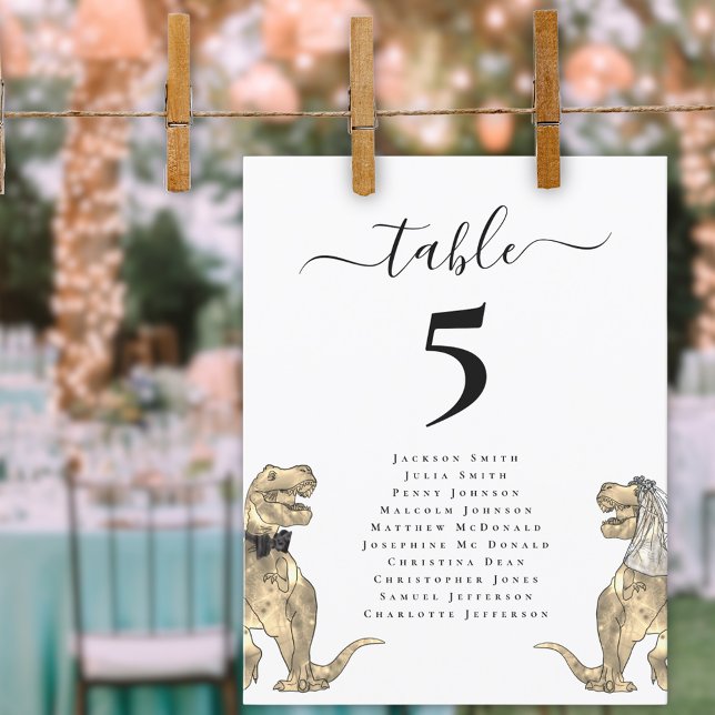Tabla de asientos de mesa de Boda temática de dino (Dinosaur theme wedding seating chart Funny T-Rex dino bride and groom elegant modern script )