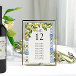 Tabla de asientos número de tabla de Boda de masa<br><div class="desc">Número de tabla de boda Lemon Grove con la lista de invitados impresa en ambos lados para que pueda crear una gráfica de asientos colgantes o mostrar las tarjetas en las tablas individuales. El diseño presenta limones, vegetación y flores de limón con azulejos mediterráneos azules y amarillos. Perfecto para una...</div>