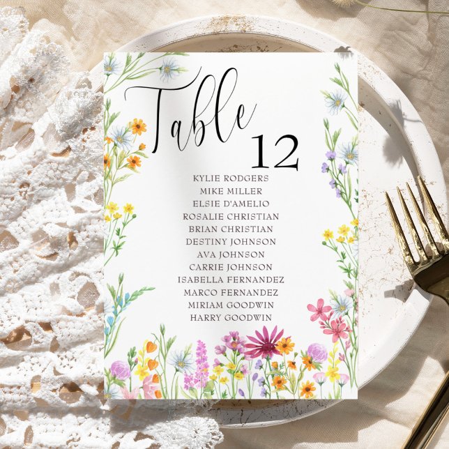Tabla de Bodas de Flor silvestre Cualquier gráfico (Wildflower place card with table number and guest names)