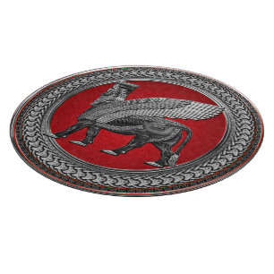 Tabla De Cortar [200] Toro alado asirio: Lamassu plateado y negro