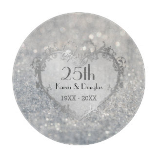 Tabla De Cortar 25º aniversario del Boda Sparkle Silver Heart