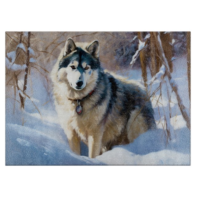 Tabla De Cortar Aaskan Malamute deja que nieve Navidades (Anverso)