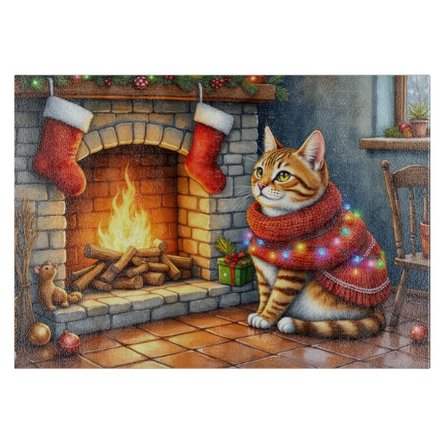Tabla De Cortar Abyssinian Cat Sitting by Fireplace with Christmas (Anverso)