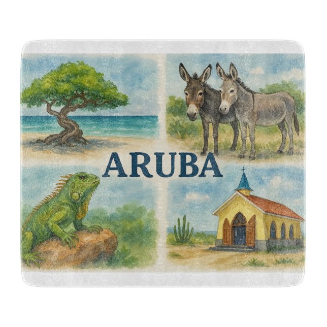 Tabla De Cortar Acuarela multivista de Aruba (Anverso)