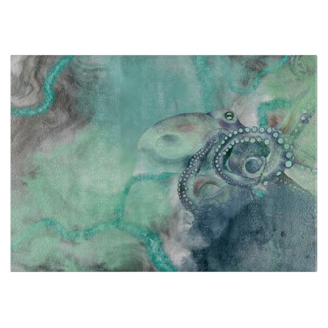 Tabla De Cortar Acuarela Náutica Aqua Ocean Octopus (Anverso)