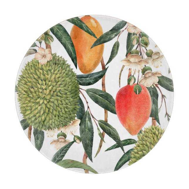 Tabla De Cortar Acuarela tropical durión, patrón de mango. (Anverso)