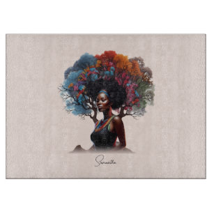Tabla De Cortar Afroamericana con colorido adorno de árbol