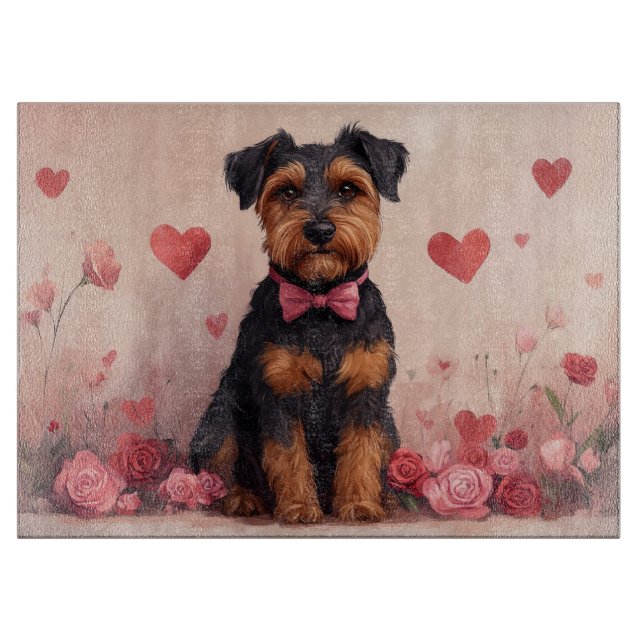 Tabla De Cortar Airedale con Rosas - Día de San Valentín (Anverso)