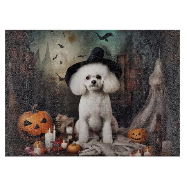 Tabla De Cortar Alarma de Halloween de Bichon Frise Pumpkins (Anverso)