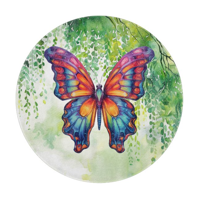 Tabla De Cortar Alas Naranjas azules de mariposa (Anverso)