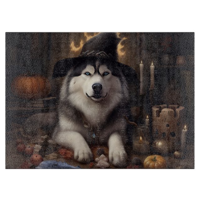 Tabla De Cortar Alaskan Malamute calza calabazas de Halloween (Anverso)