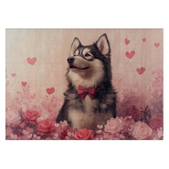 Tabla De Cortar Alaskan Malamute con Rosas - Día de San Valentín  (Anverso)