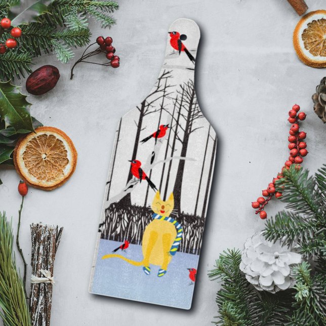 Tabla De Cortar Alegría de invierno - Gato con cardenales de Birch (Subido por el creador)