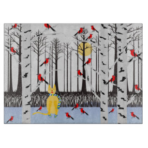 Tabla De Cortar Alegría de invierno - Gato con cardenales de Birch