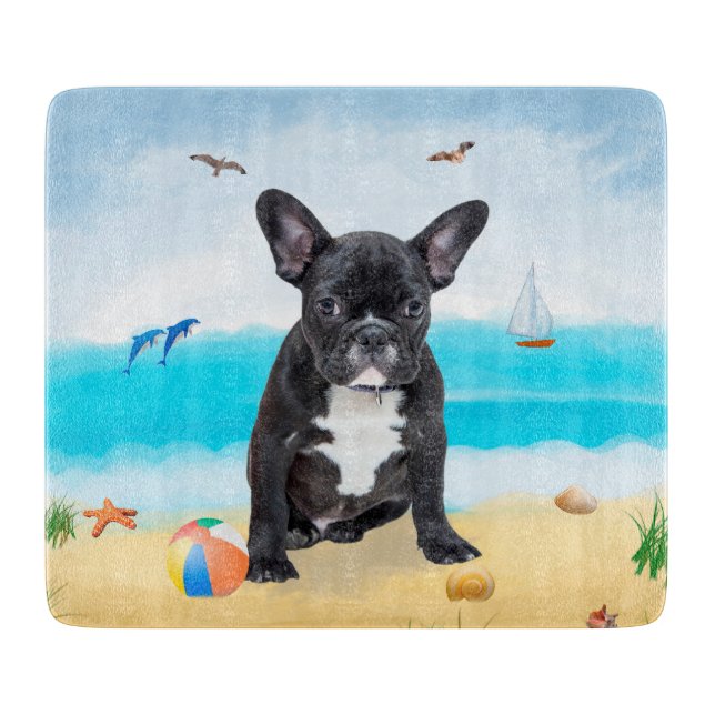 Tabla De Cortar Almohada con Bulldog Francés en la Playa (Anverso)