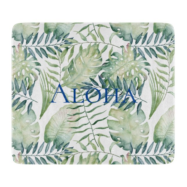 Tabla De Cortar Aloha, hojas verdes tropicales (Anverso)
