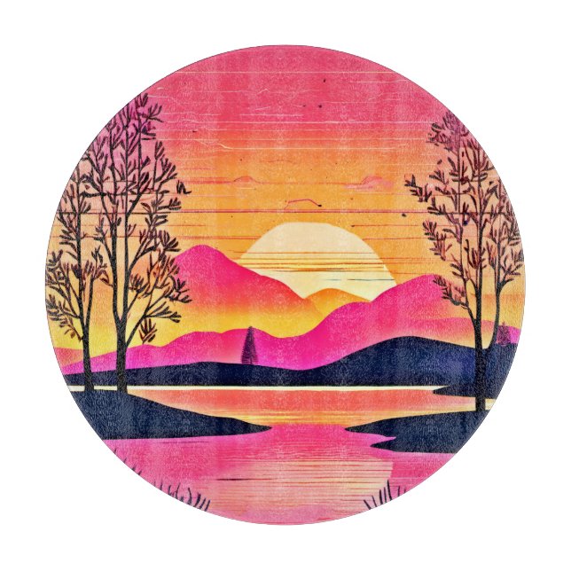 Tabla De Cortar Amanecer dorado sobre arte de lago rosado (Anverso)