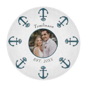 Tabla De Cortar Anclas azules personalizadas de 1 foto y conchas m