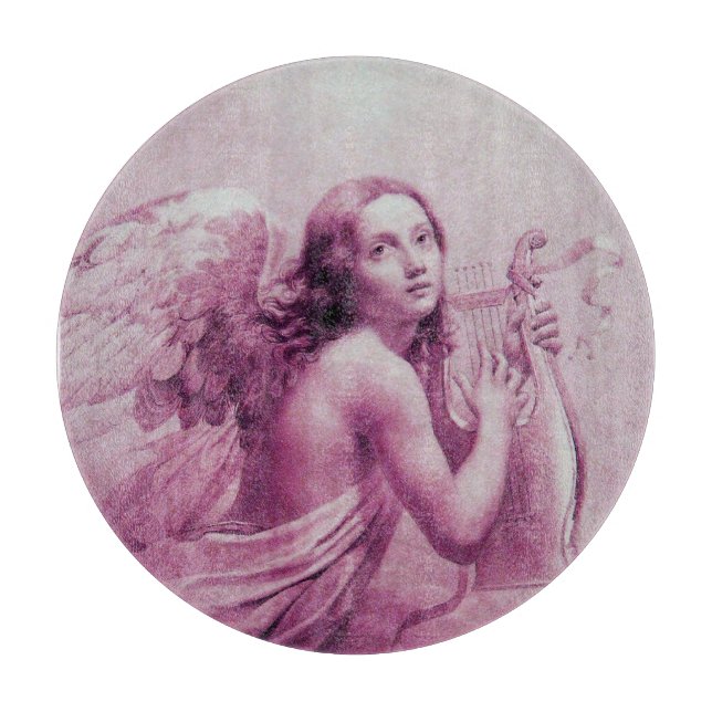 Tabla De Cortar ANGEL JUGANDO LYRA SOBRE LAS NUBES rosadas, Fuchsi (Anverso)