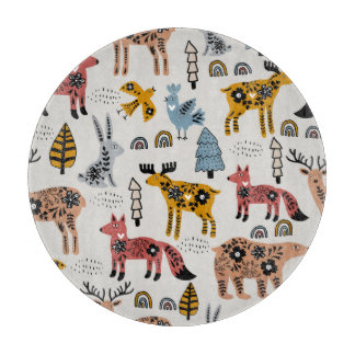 Tabla De Cortar Animales escandinavos, floral, lindo patrón.