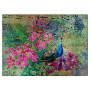 Tabla De Cortar Antiguo Grunge de Pavo Real y Flores Ilustradas