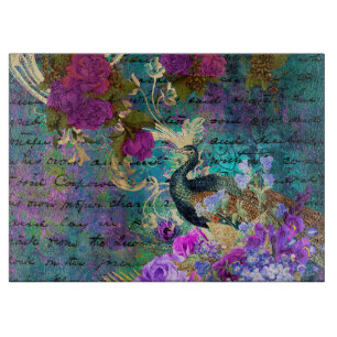 Tabla De Cortar Antiguo Pavón Ilustrado y Flores Grunge