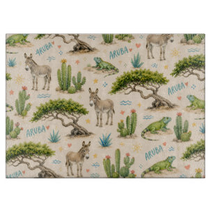 Tabla De Cortar árbol divi de Aruba, burro, iguana, cactus