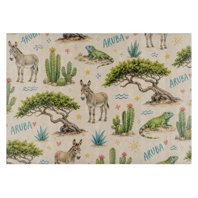 Tabla De Cortar árbol divi de Aruba, burro, iguana, cactus (Anverso)
