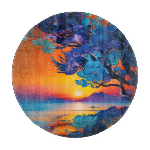Tabla De Cortar Árbol floreciente en el lago al amanecer