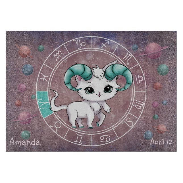 Tabla De Cortar Aries Astrológicos Cute gato Zodiac Wheel Planet (Anverso)