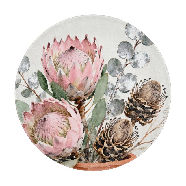 Tabla De Cortar Arreglo de Protea Eucalipto Acuarela (Anverso)