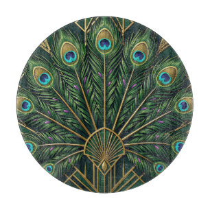 Tabla De Cortar Art Deco Plumas de Pavo Real Verde Esmeralda Dorad