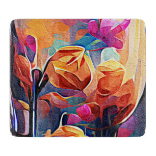 Tabla De Cortar Arte abstracto floral naranja rojo azul flores