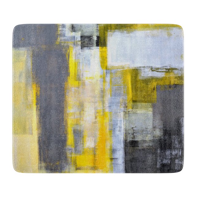 Tabla De Cortar Arte abstracto gris y amarillo "ocupado, ocupado" (Anverso)