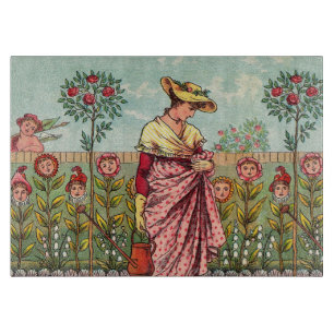 Tabla De Cortar Arte Antiguo Mujer Flor Crecimiento Jardín