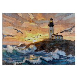 Tabla de cortar arte costero atardecer en el faro