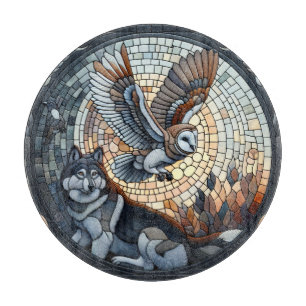 Tabla De Cortar Arte de IA de mosaico de búho y lobo 
